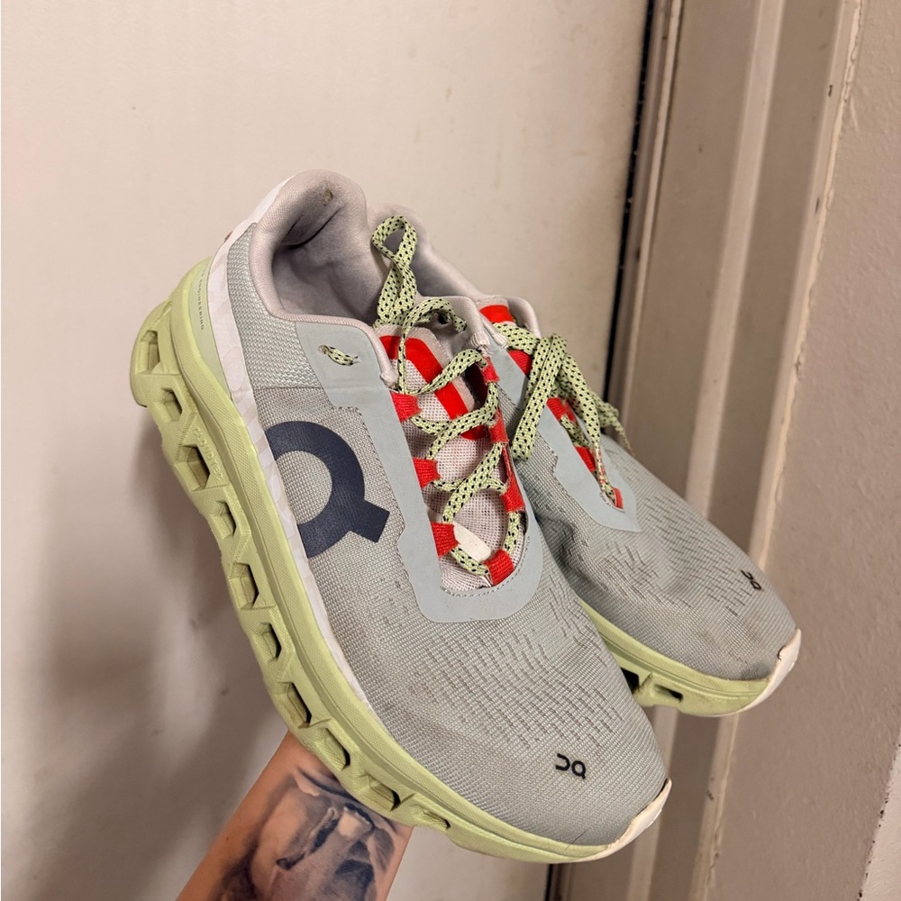 On Running Cloudmonster Gray, Green and Red Athletic Shoes